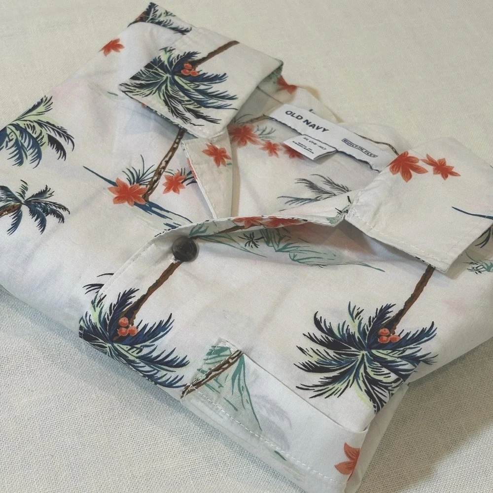 NWOT Boys XLarge 14-16 OLD NAVY Button Down Palm Tree Beach Shirt‎ White Cotton